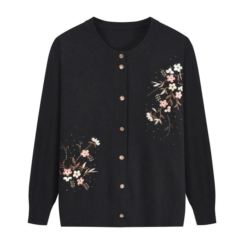 Grandma's Spring Autumn Flower Printing Knitwears Middle-Aged Mother Cardigan Embroidered Knitting Top for Women