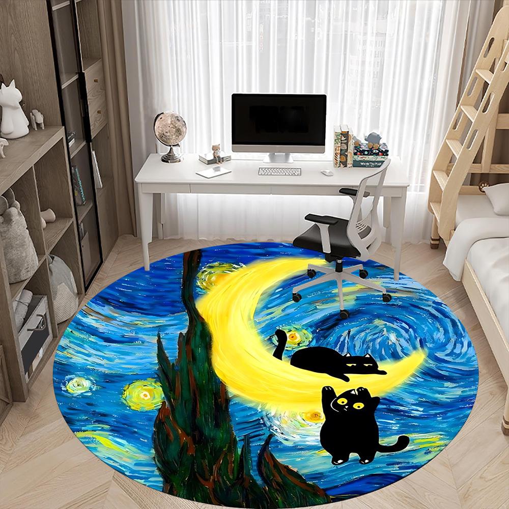 1pc Moon Cats Office Round Area Rug, Under Office Chairs Bedroom Living Room Home Decor, Room Deco, Available In Various Sizes