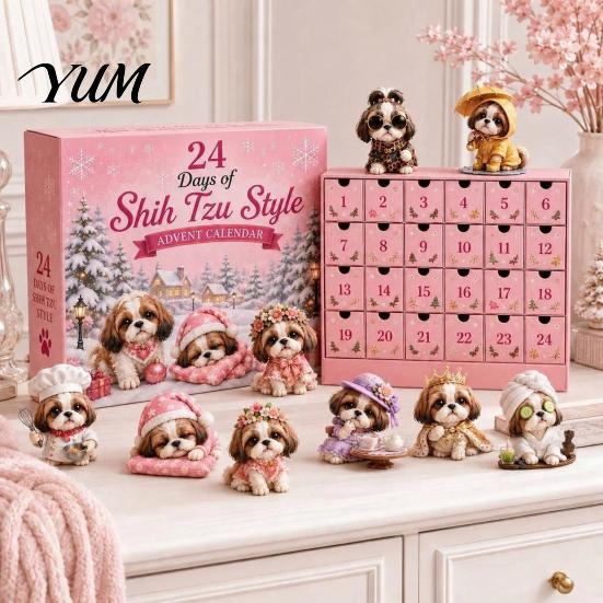 Interaktives Feiertagsspiel Shih Tzu Adventskalender, 24-Tage Countdown Spielzeug-Set mit Mini-Hundefamilie zu Weihnachtsfiguren, Baumhänge-Dekoration, Geschenk