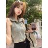 Women's Turn Down Collar Sleeveless Denim Top Slim Fit Korean Style Cropped Halter Vest Vintage Washed Tank Top