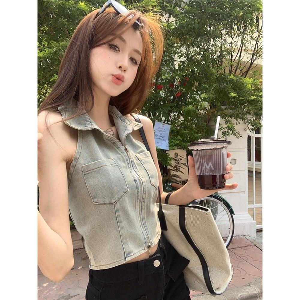 Women's Turn Down Collar Sleeveless Denim Top Slim Fit Korean Style Cropped Halter Vest Vintage Washed Tank Top