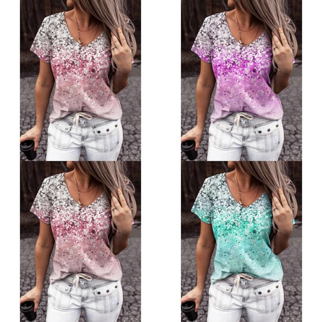 Elegant Womens V-neck Short Sleeve Floral Print Tops T-shirt For Casual Wear