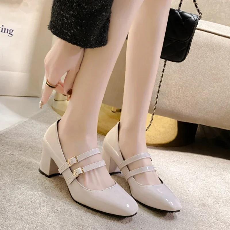 Fashion 2025 Spring Autumn Women Double Buckle Pumps Shoes Leather Square Head Square Heel Solid Color Women's Shoes Heeled Loafers