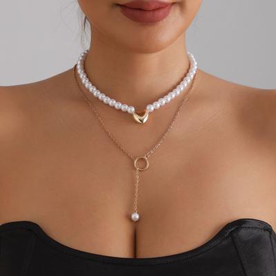 Baroque Imitation Pearl Metal Love Necklace Simple Adjustable Thin Chain Necklace