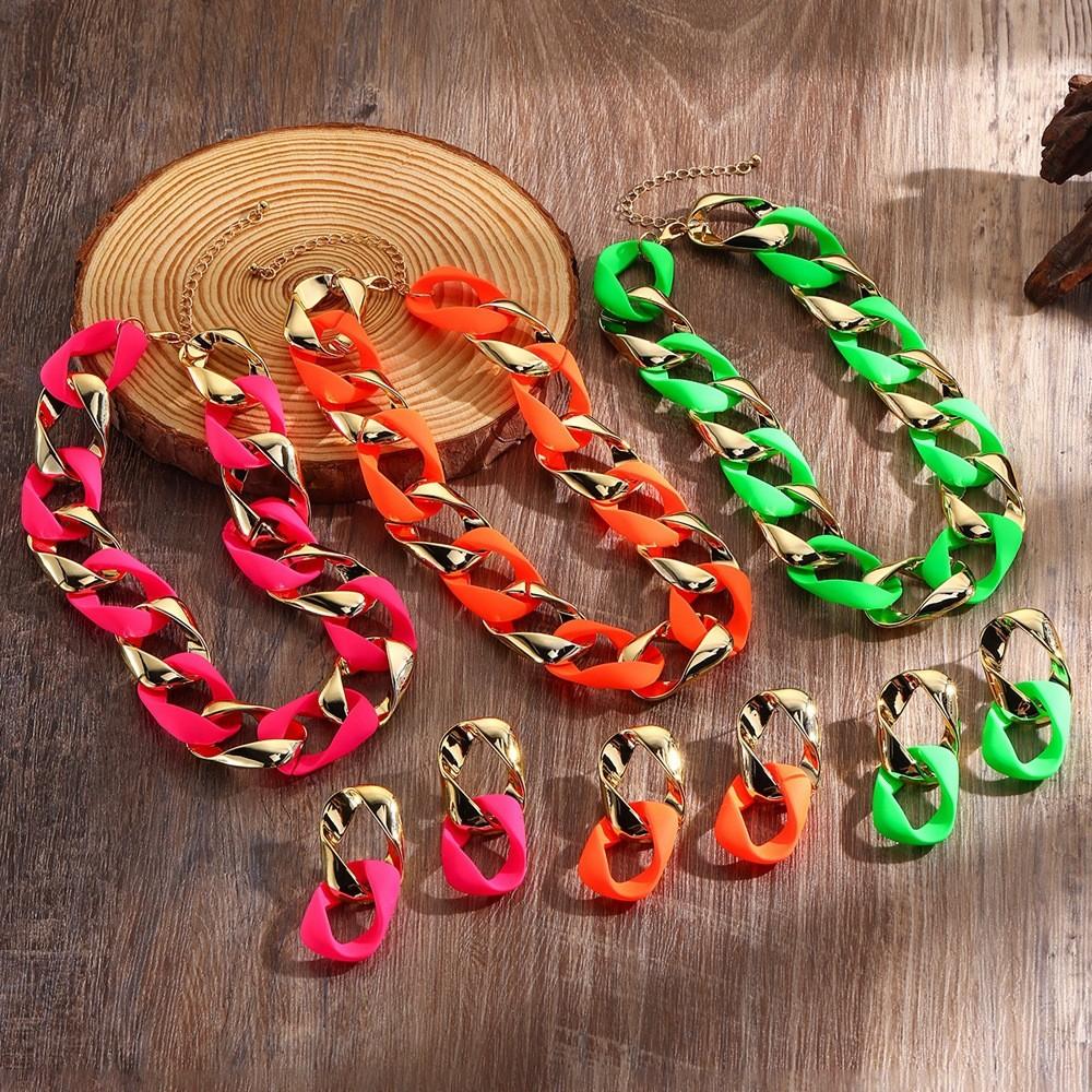 Resin Female Fluorescent Necklace And Earrings Jewelry Set With Electroplated Finish For Autumn