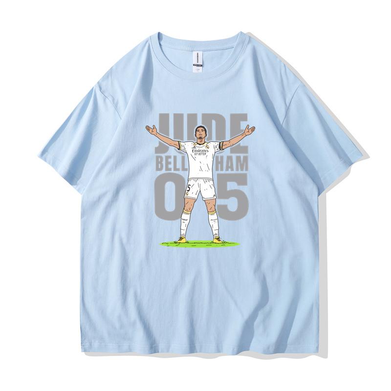 Bellingham Celebrates Action LOGO Short Sleeve T-shirt for Real Madrid Fans Commemorating The Summer Crewneck England Team