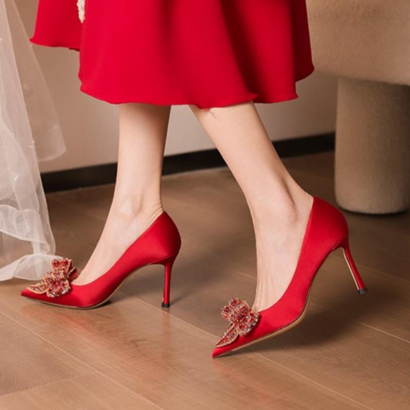 2026 Spring and Autumn Women's High Heels Chinese Red Butterfly Rhinestone Fashion Wedding Women's Shoes
