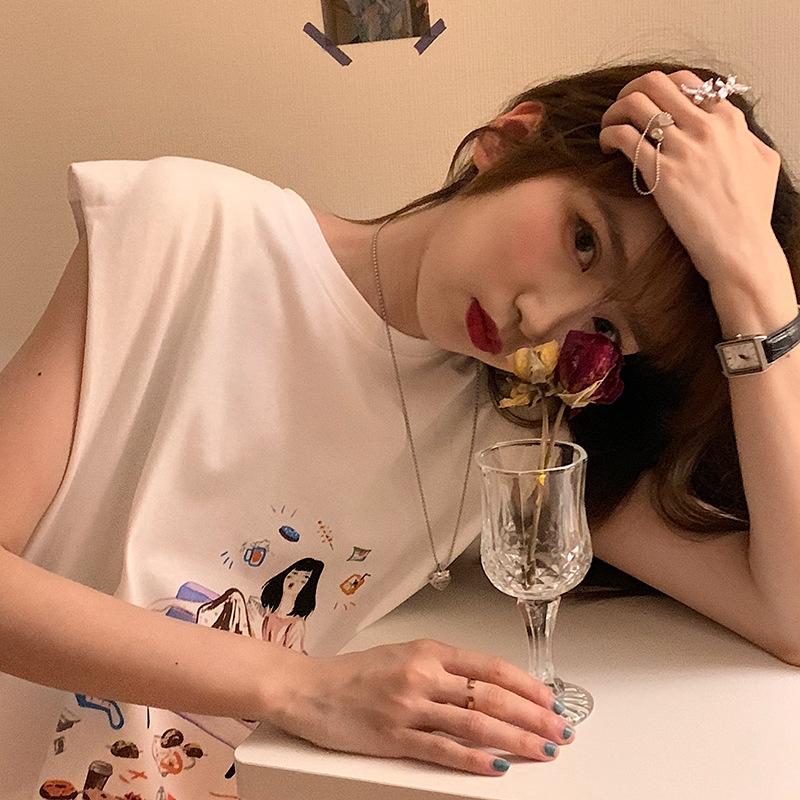 White Sleeveless T-shirt for Women's New Summer Wear Korean Loose Printed Vest Mid-length Student Top