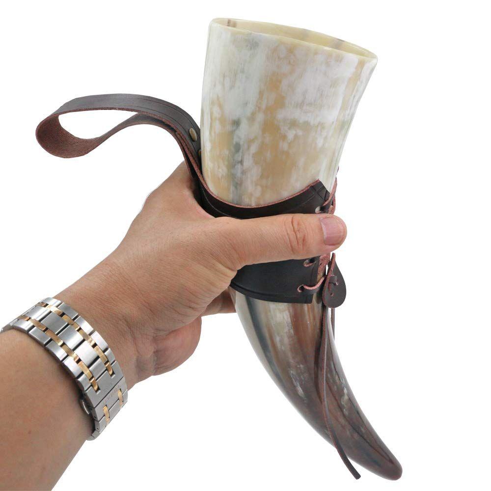 Viking Horn Mugs-Handmade Home Real Viking Drinking Cup with Leather Straps Beer Wine Goblet Chalice Tankard Ox Horn Beaker Vessels