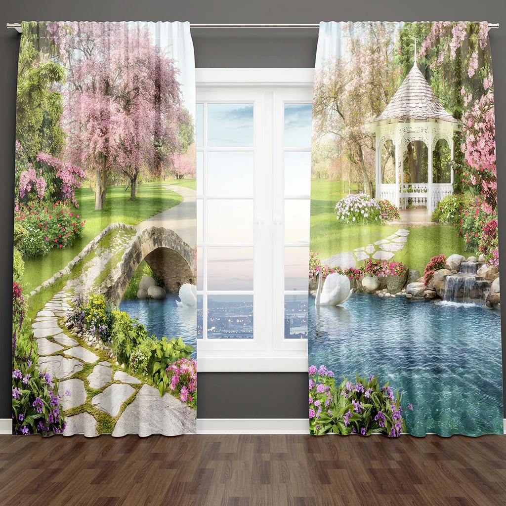 3D Print Blue Beach Sea and Natural Forest Drapes Window Curtain Bedroom Decorative Curtain 2 Panel for Living Room