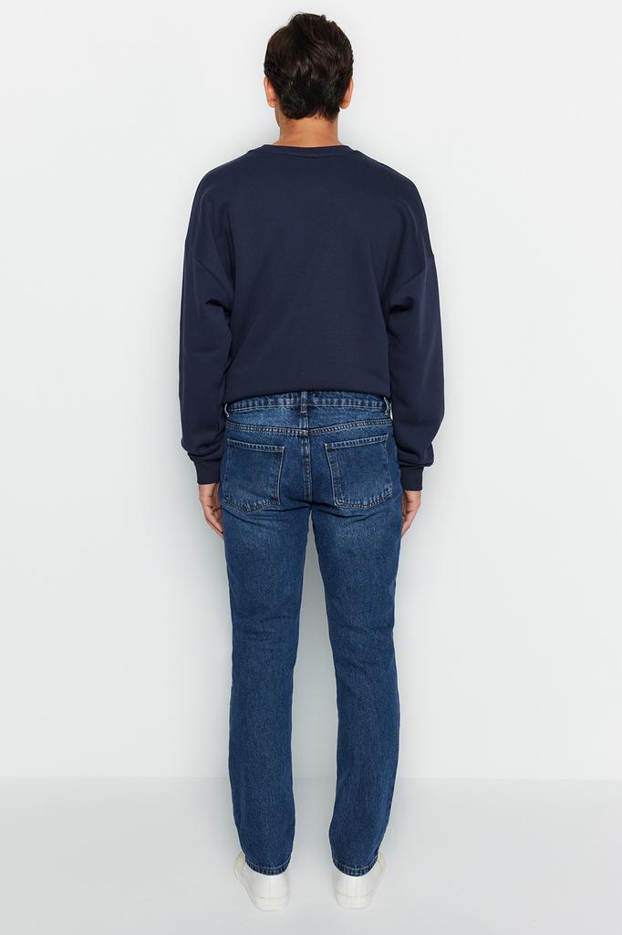 Moda masculina novos jeans azul escuro ajuste reto calças jeans