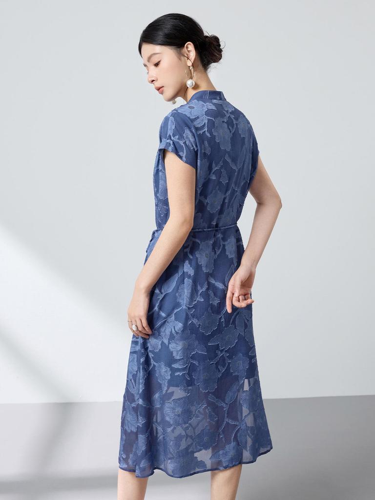 Ink Wash 100% Mulberry Silk Georgette Dress – Cutout Flutter Sleeve, Cinched Waist, New Chinese Style (Summer '26)