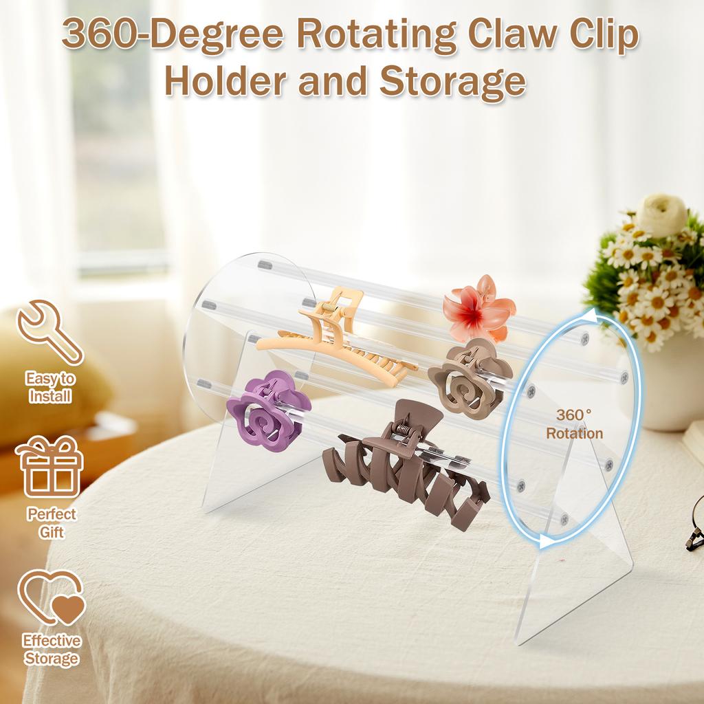 360° Rotating Hairpin Jewelry Holder Transparent Claw Clip Storage Rack Headdress Hair Clip Display Stand for Dressing Table