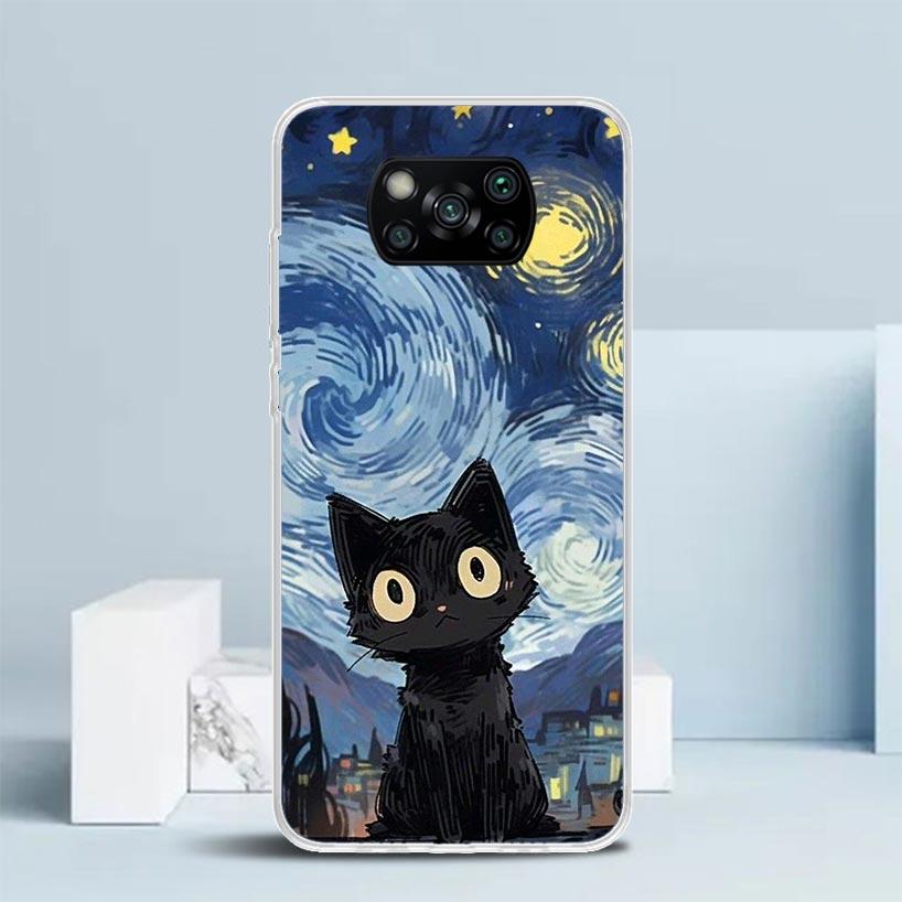 Anime Cute Black Cat Meow Phone Case For Xiaomi Poco F7 Ultra X5 X6 X7 Pro M7 Redmi 15C 15 13C 13 12C 12 10C 10 10A 9 9C 9A 9T C