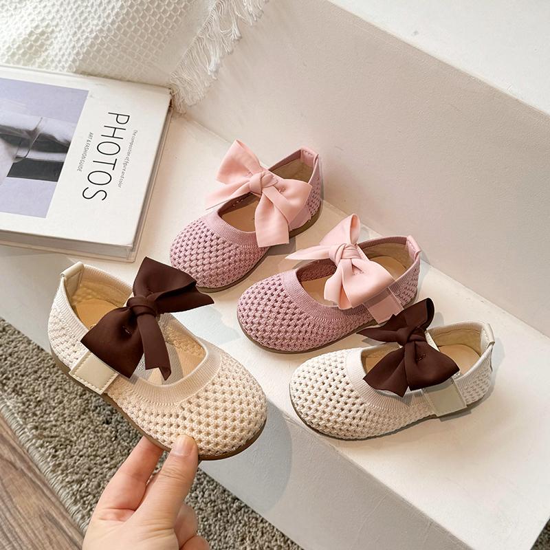 Girls' Sandals Summer New Knitted Mesh Breathable Princess Shoes Butterfly Bow Baotou Hollow Soft Bottom Single Shoe