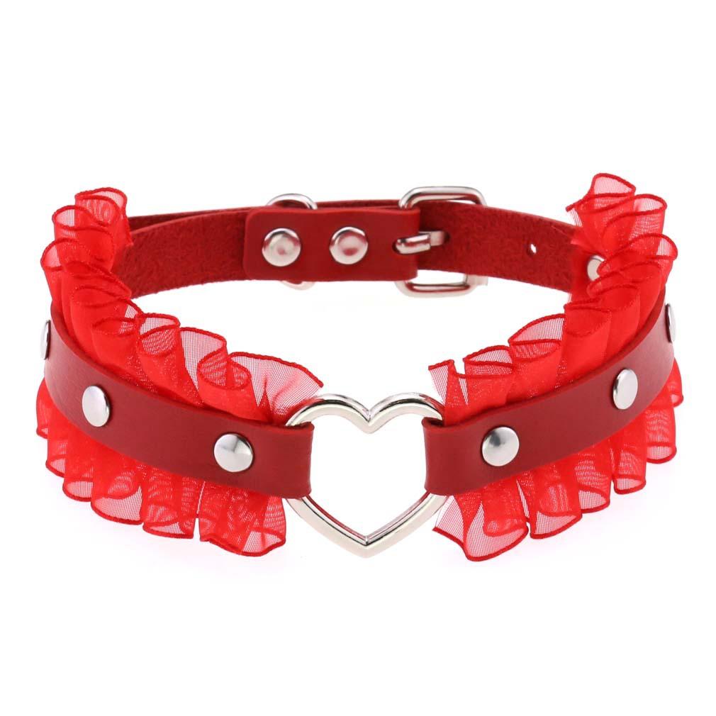 Lace Ruffle Heart Choker Necklace Gothic PU Leather Collar for Women Harajuku Jewelry