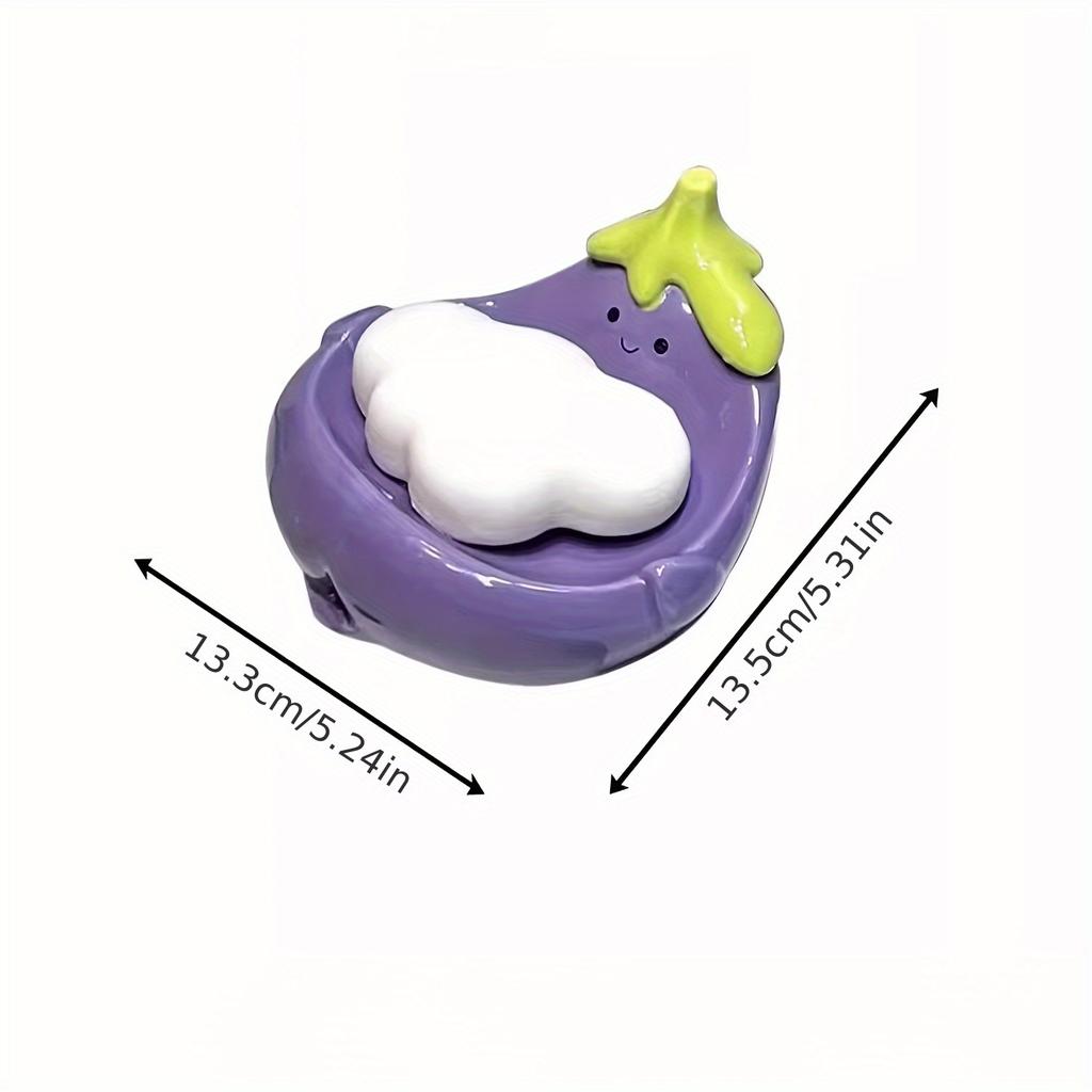Cute Smiling Face Ceramic Soap DishOval Durable Bathroom Countertop Organizer with Drainage Holes,Purple/White Design for Soap,Toothbrushes,Toiletries