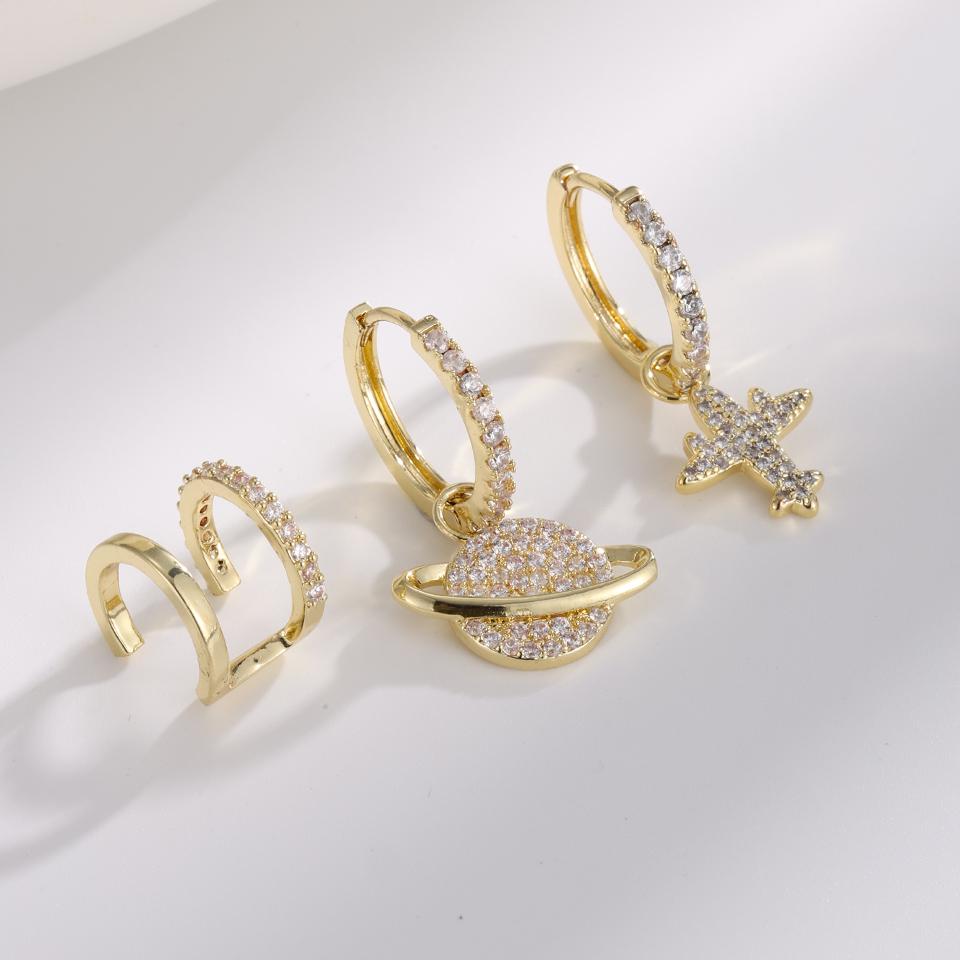 ZAKOL 3Pcs/Set Cute Planet Cross Micro Pave CZ Dangle Hoop Earrings Multiple Piercing Ear Bone Accessories Set for Women