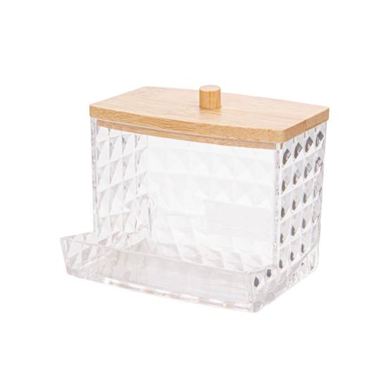 Storage Box with Bamboo Lid Dustproof Moisture Resistant Clear Acrylic Container Cotton Swabs Dental Floss Jewelry Organizer