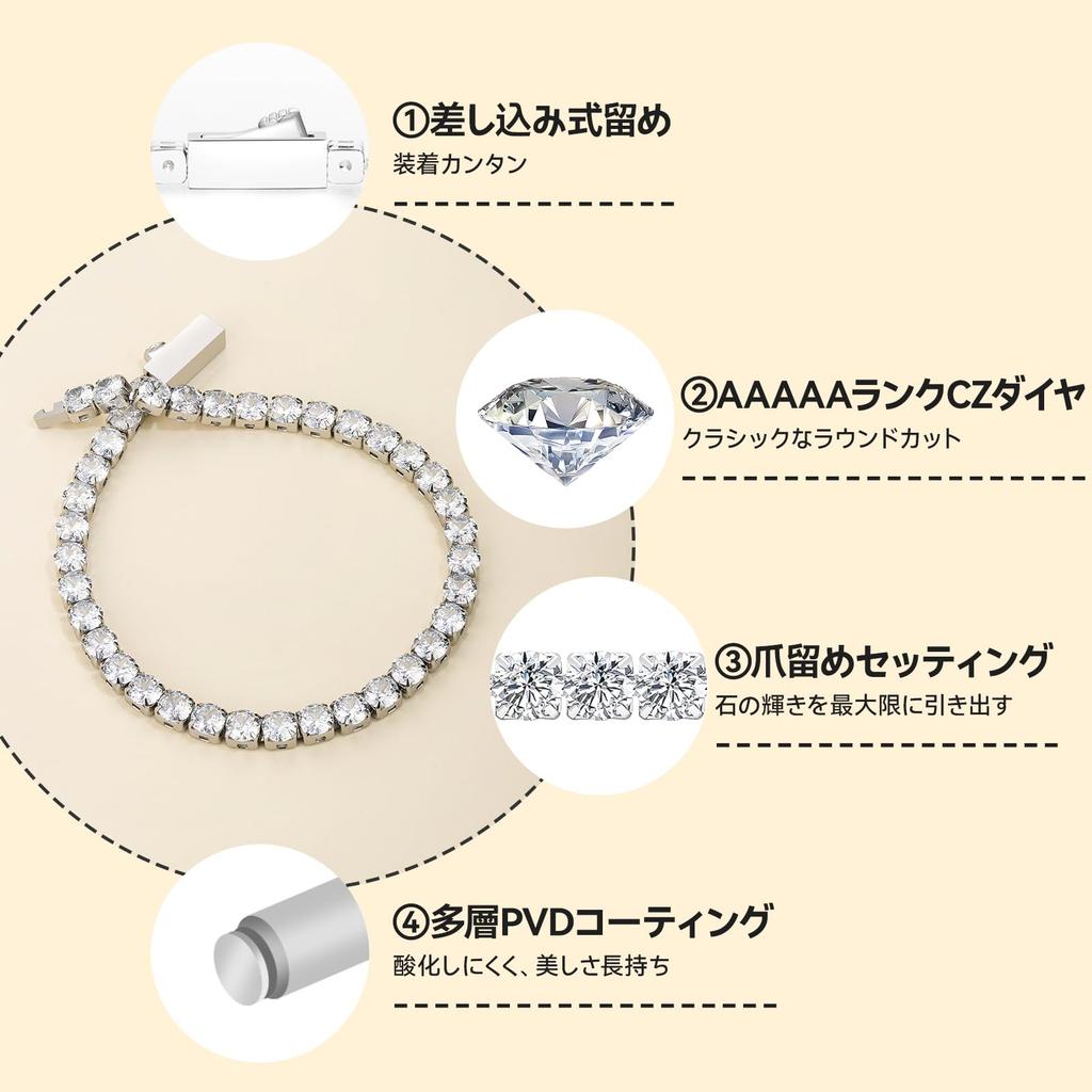 Hanayaka Men's Tennis Bracelet, 3mm, Cubic Zirconia, 18K Gold Plated, CZ Diamonds, Stainless Steel, Hypoallergenic, Sparkling Jewelry, Simple Design,