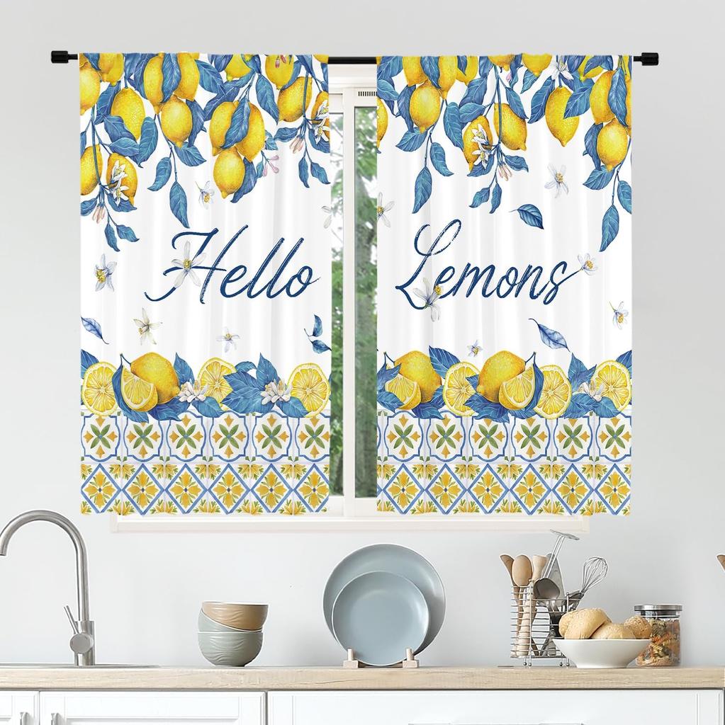 Rustic Lemon Kitchen Curta, Farmhouse Yellow Fruit Drapes With Blue Leaves, Rod Pocket Retro Summer Window Panels