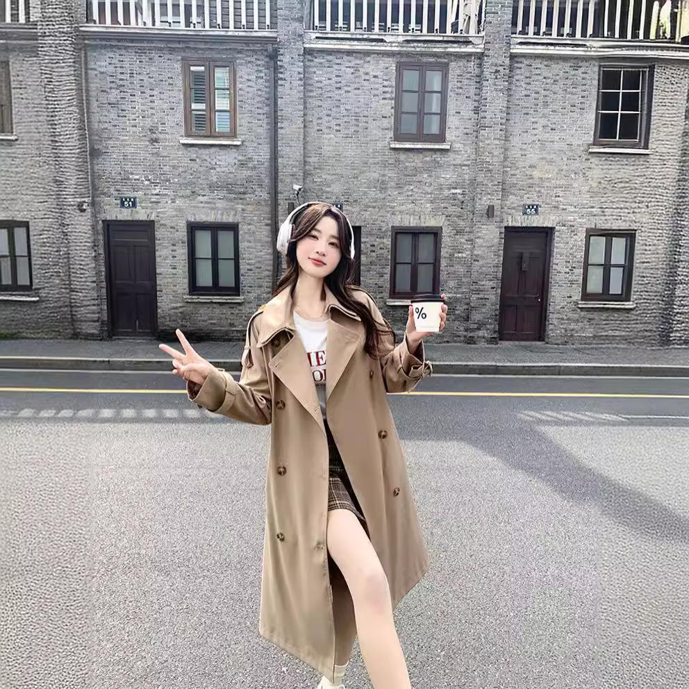 Spring New High-end Medium and Long Bean Green Trench Coat Women's Waist Casual Coat