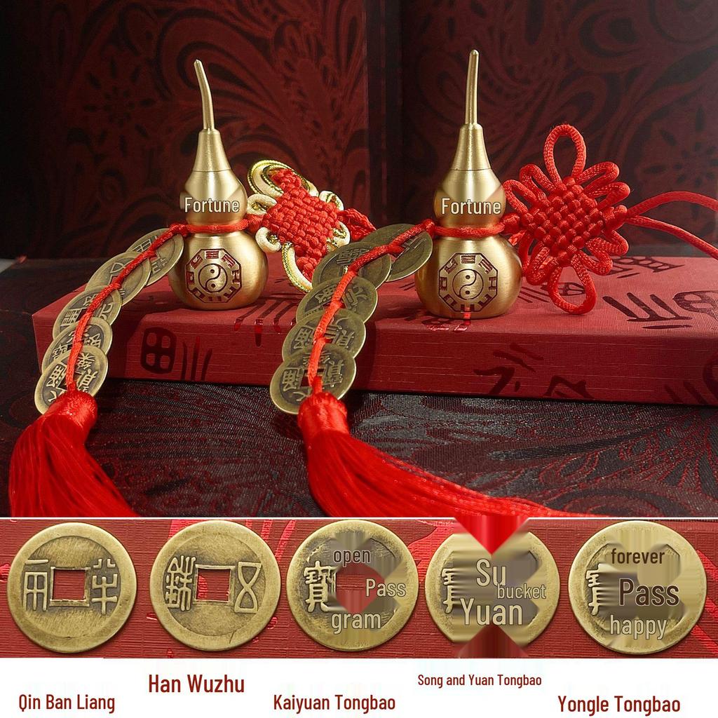 Copper Gourd Pendant with Chinese Emperor Coins, Gold Edges & Knot, Red Tassel for Home Decor