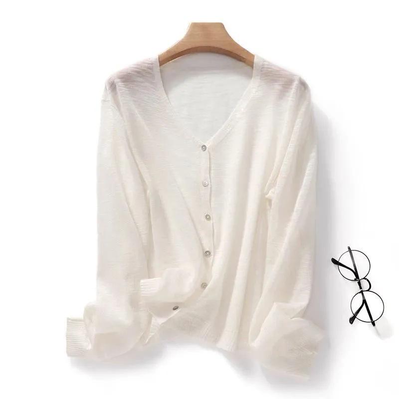 Women V Neck Thin Semi Sheer Knit Cardigan Long Sleeve Single Breasted Sun Protection Casual Knitted Outerwear
