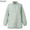 ZANZEA Womens Turn Down Collar Loose 3/4 Sleeve Solid Blouse