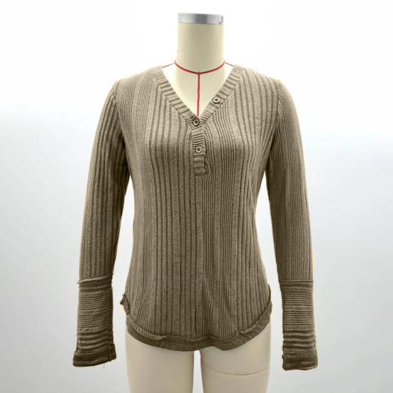 Women Autumn Tops Long Sleeve V-Neck Knitting Tops Solid Color Ribbed Casual Knitting Shirt Daily Wear