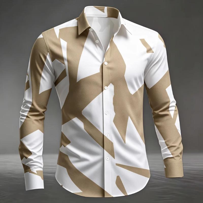Men's Artistic Geometric Abstract Print Long Sleeve Dress Shirt Smooth Breathable Fabric Slim Fit Formal Business Casual Social