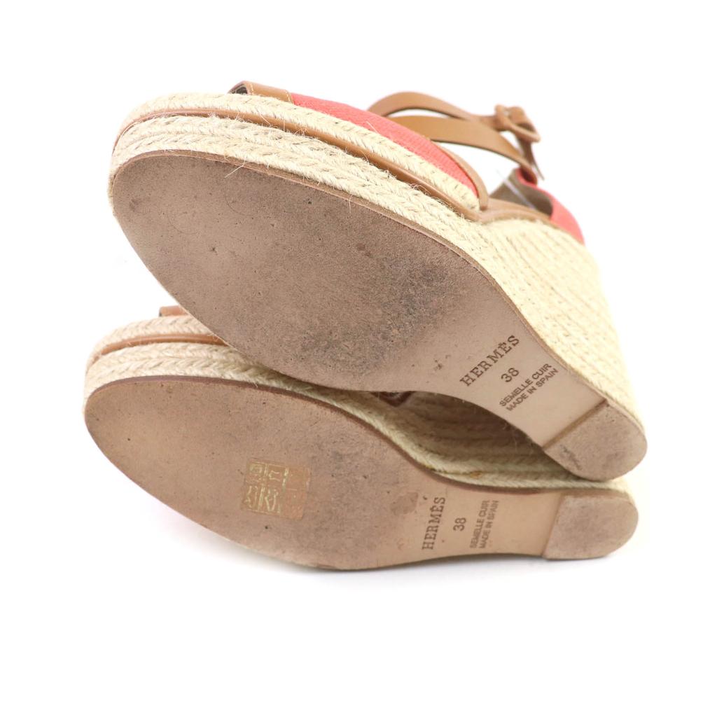 Great HERMES Sandals Leather ankle strap wedge sole Orange leather Women 38 Used