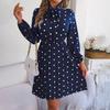Autumn Winter Women's High Waist Pleated Dress Long Sleeve Lace Up Dot Temperament