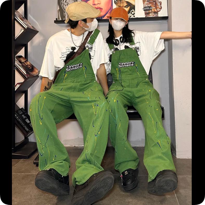 Ink-splashing Denim Overalls, American Retro Inkjet Tooling Overalls, Loose Casual Men's and Women's Trousers, Hiphop Tide