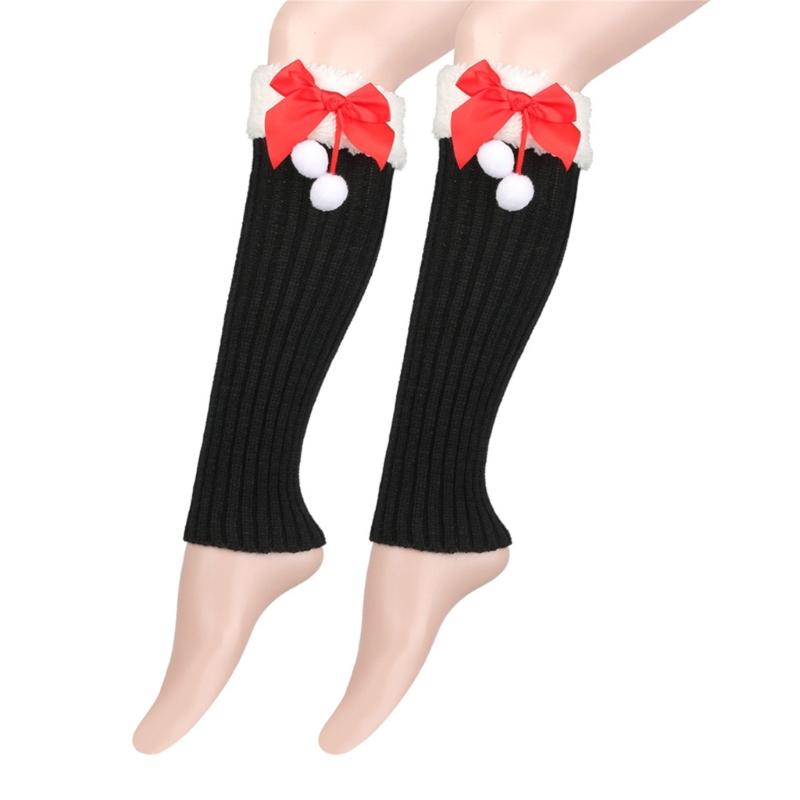 Christmas Fleece Trim Warm Leg Warmers Sweet Plush Balls Bows Knitted Boot Covers Festival Footless Socks for Women