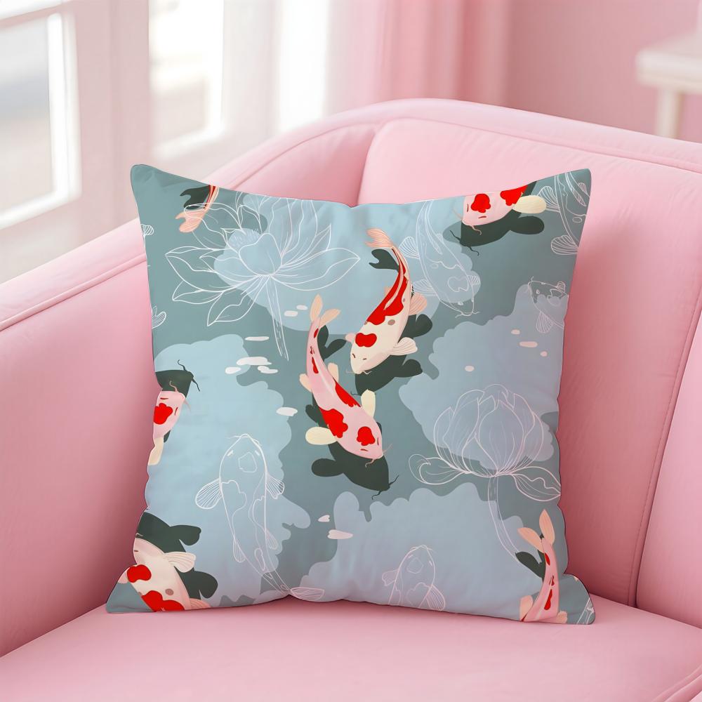 Natural Fun Koi Fish lotus Cushion Cover Pillow Case Soft Skin Friendly Fabric  Concealed Zipper