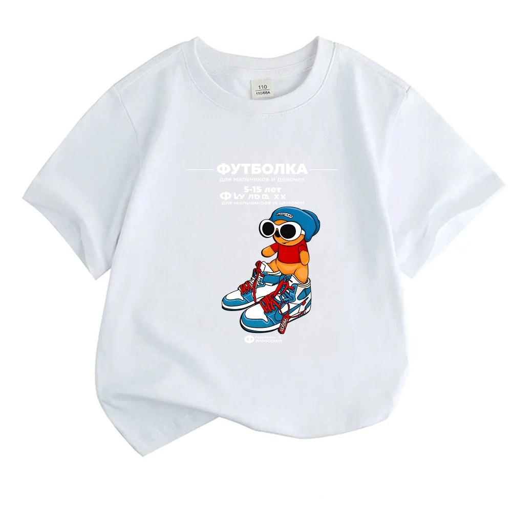 Kids Boys Girls 100% Cotton Crew Neck Short Sleeve T-Shirt, Cool Cartoon Bear With Sunglasses Beanie Sneakers Print Casual Tees for 5-15 Years Old