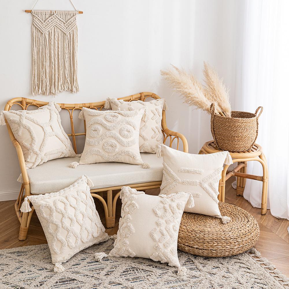 Bohemian Woven Texture Throw Pillowcase Cojines Three-Dimensional Embroidered Tassel Cushion Cover Sofa Decor Pillow Covers
