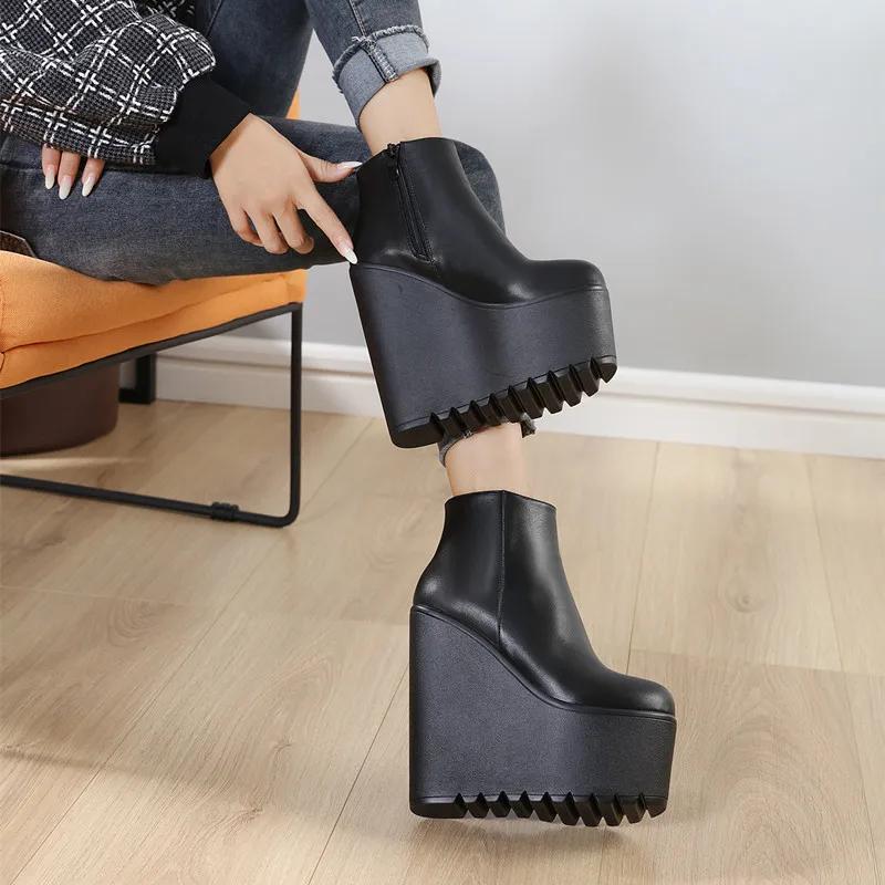 16CM Ultra High Wedge Shoes Woman Ankle Boots Platform Wedges Heels Black  Short Boots Autumn Winter Party Shoes Ladies
