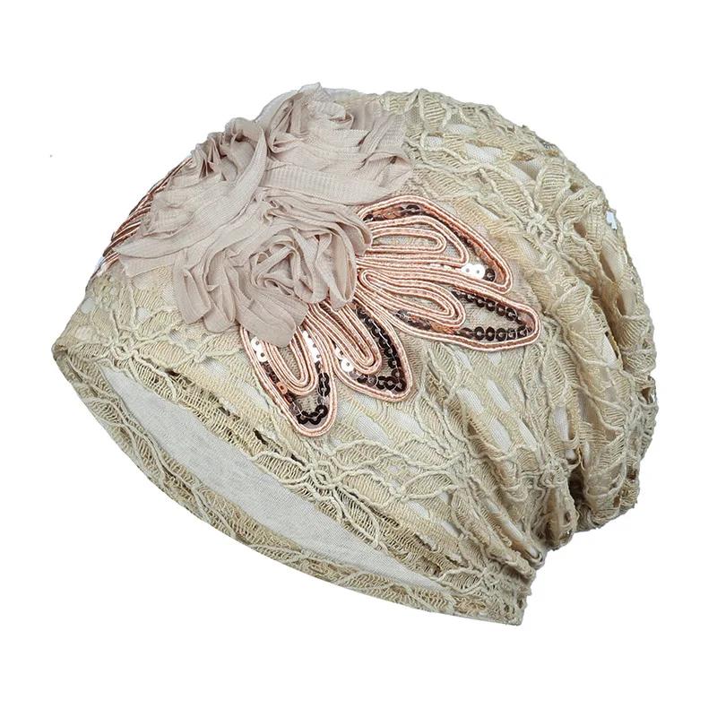 

Elegant Women Sequins Lace Turban Cap Flowers Muslim Headwear Hat Female Head Wraps Ladies Headscarf Bonnet Turbante Mejur темные хаки
