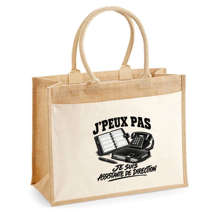Sac Cabas Jute avec Poche J’peux pas je suis Assistante de direction J'peux pas minimaliste | Toile de Jute et Coton 21 L Fond Plat