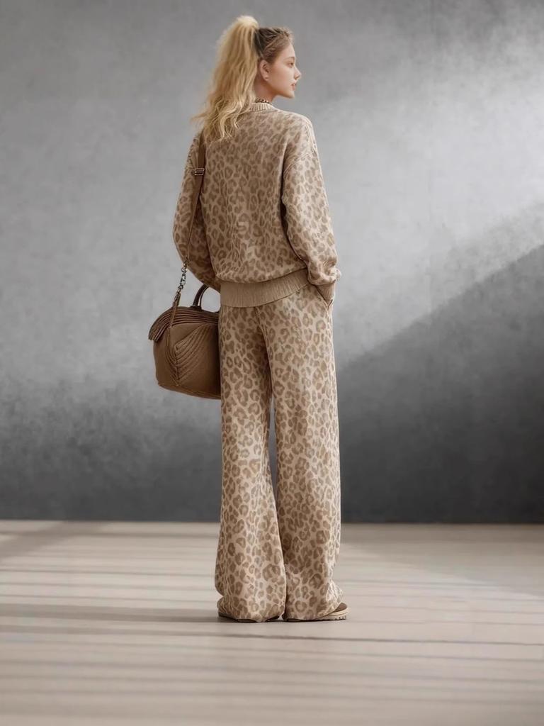 Autumn Brown Leopard Print Set Long Sleeve Slim Fit Sweatshirt Vintage Casual Pants Women