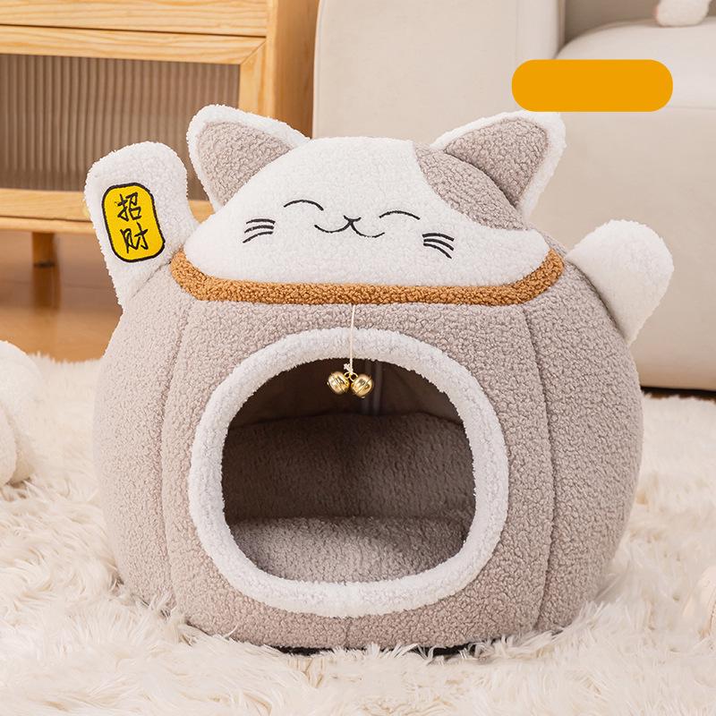 2025 New Plush Half-Closed Warm Winter Cat Nest with Bell