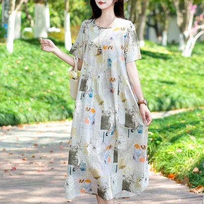 Elegantes Sommer-Freizeitkleid in Übergröße für Damen, Vintage-Kleidung, kurzärmelig, lockeres langes Kleid