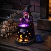 Pryskyřičný kotel čarodějnice Solární soška se svítícím kotlíkem, Venkovní Halloweenské zahradní světlo, Strašidelná dekorativní figurka pro dvorek trávník verandu cestičku