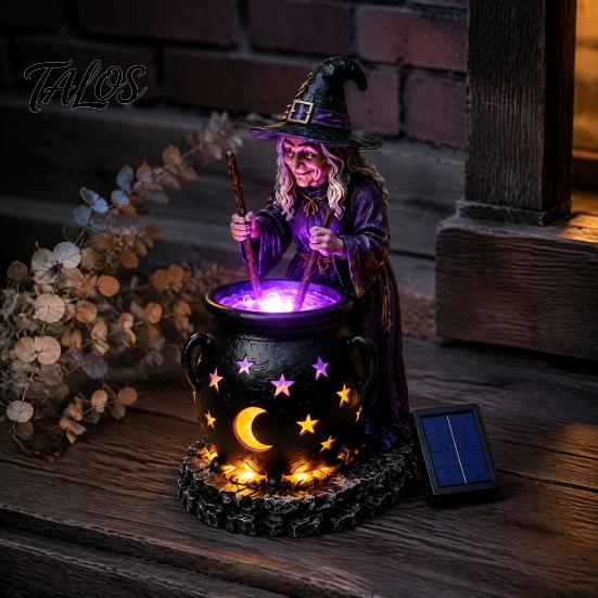 Pryskyřičný kotel čarodějnice Solární soška se svítícím kotlíkem, Venkovní Halloweenské zahradní světlo, Strašidelná dekorativní figurka pro dvorek trávník verandu cestičku