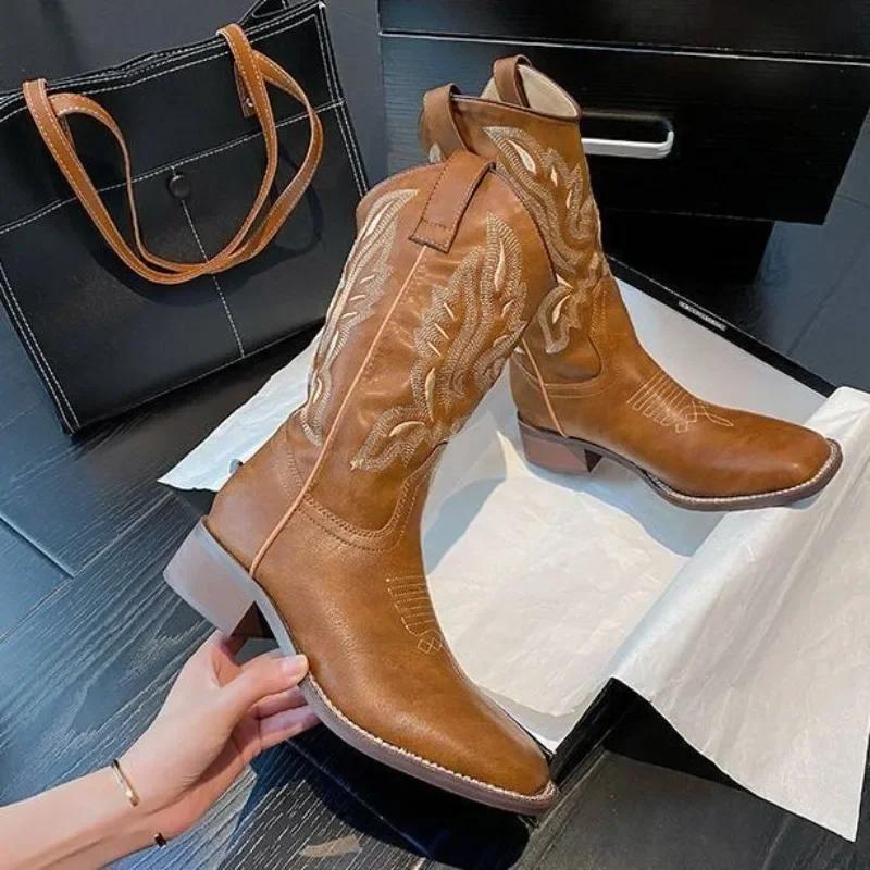 Fashion Denim Ladies Mid Calf Shoes Autumn Middle Heel Cowgirl Women's Half High Boots Cowboy Comfortable and Elegant Chic Footwear Y2k