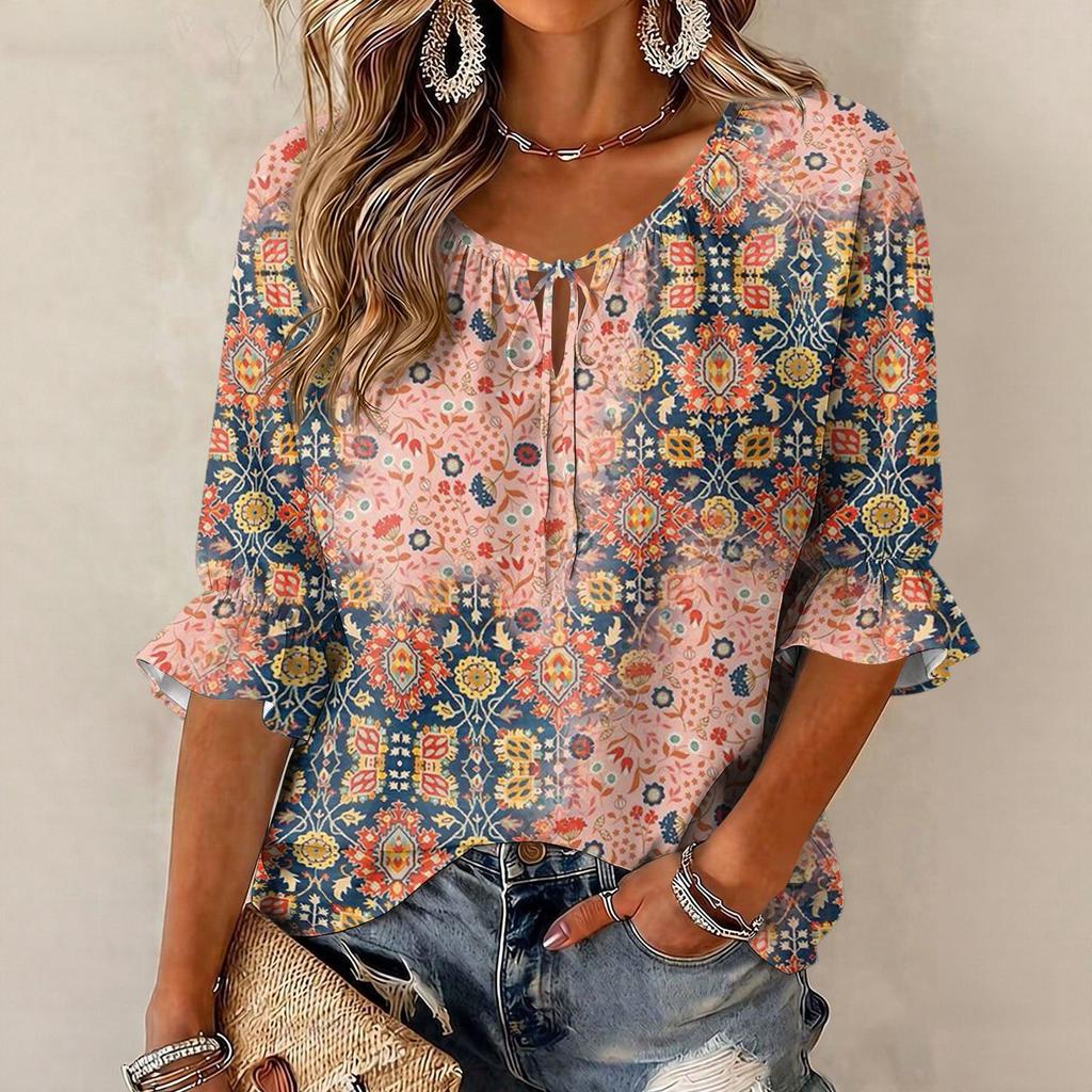 Damen Vintage Bluse mit Blumenprint, Rüschen und Dreiviertelärm, Rundhalsausschnitt und Bindevorderseite