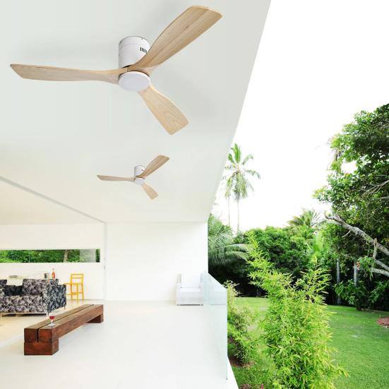 52 Inch Ceiling Fan Natural 3 Solid Wood Fan Blade Noiseless Reversible Direct Current Motor Remote Control for Living Room
