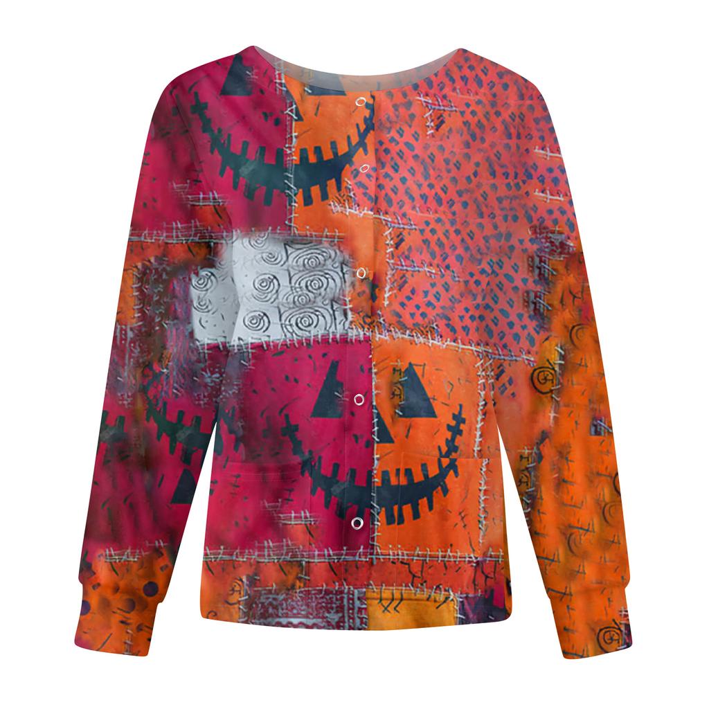Women's Casual Fashion Long Sleeve Standing Collar Single Breasted Halloween Print Workwear Jacket Tops